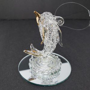 Spun Glass Dolphin Porpoise Figurine Ornament Mirror Base 24K Gold Plated 2.5"
